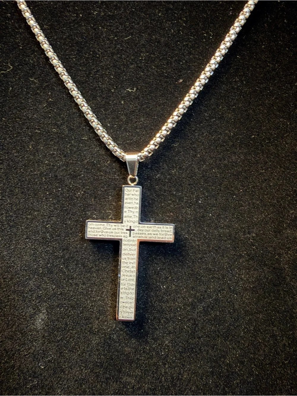 Lord’s Prayer Stainless Steel Cross Pendant w/ 24in white gold filled Cube chain